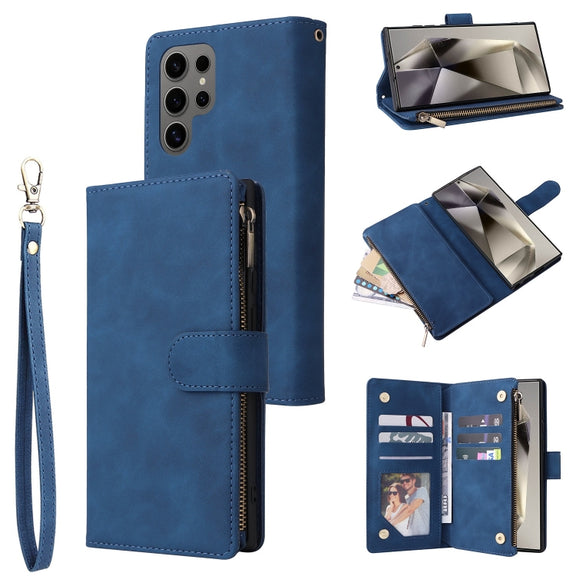For Samsung Galaxy S25 Ultra 5G Multifunctional Frosted Zipper Wallet Leather Phone Case(Blue)