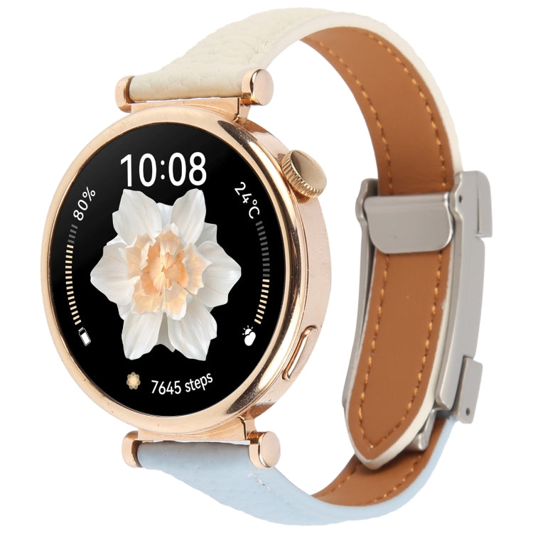 22mm Universal Slim Magnetic Buckle Genuine Leather Watch Band(Blue Beige)