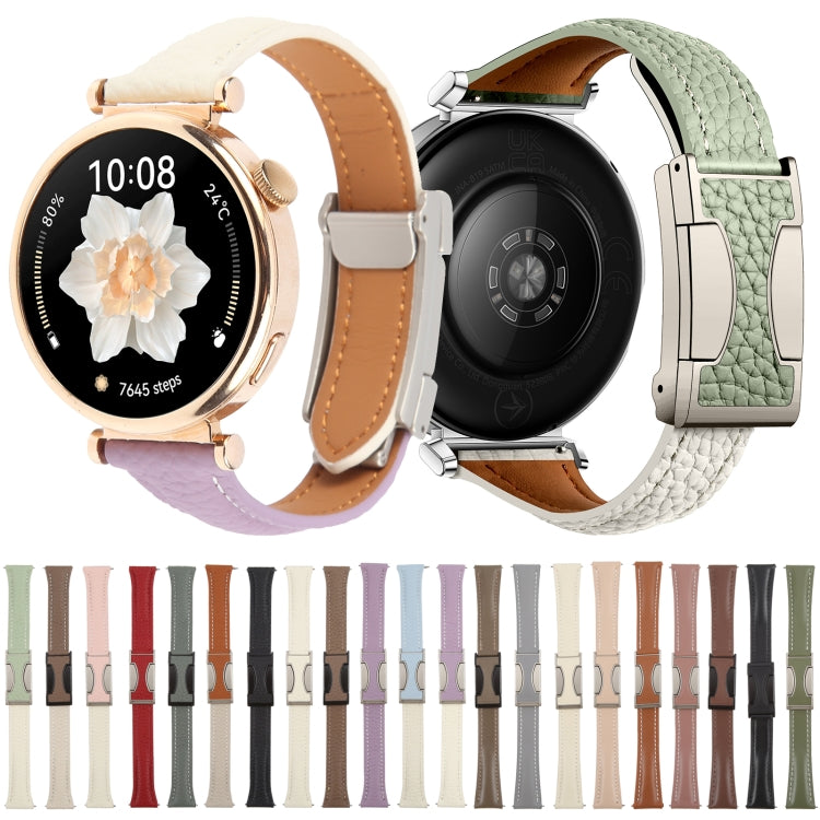 22mm Universal Slim Magnetic Buckle Genuine Leather Watch Band(Plain Weave Black)
