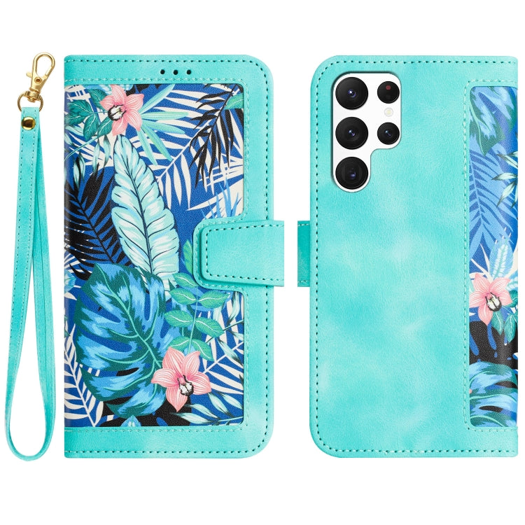 For Samsung Galaxy S25 Ultra 5G Floral Pattern Leather Phone Case with Lanyard(Green)