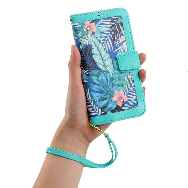 For Samsung Galaxy S25 Ultra 5G Floral Pattern Leather Phone Case with Lanyard(Green)