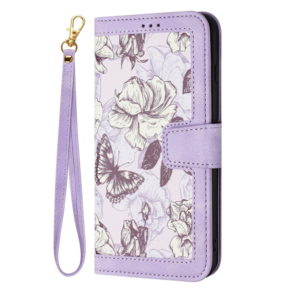 For Samsung Galaxy S25 Ultra 5G Floral Pattern Leather Phone Case with Lanyard(Light Purple)