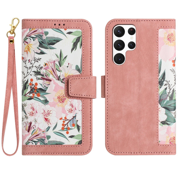 For Samsung Galaxy S25 Ultra 5G Floral Pattern Leather Phone Case with Lanyard(Pink)