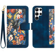 For Samsung Galaxy S25 Ultra 5G Floral Pattern Leather Phone Case with Lanyard(Dark Blue) - Galaxy S25 Ultra 5G Cases by PMC Jewellery | Online Shopping South Africa | PMC Jewellery | Buy Now Pay Later Mobicred