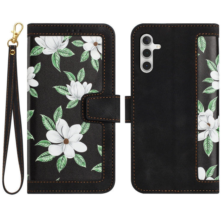 For Samsung Galaxy S25+ 5G Floral Pattern Leather Phone Case with Lanyard(Black)
