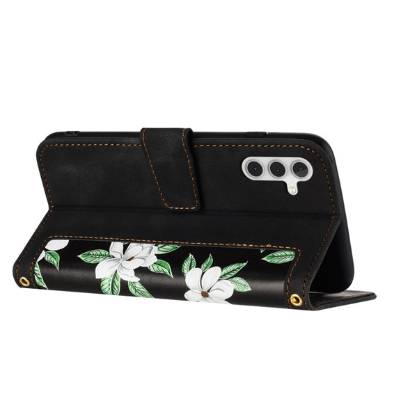 For Samsung Galaxy S25+ 5G Floral Pattern Leather Phone Case with Lanyard(Black)