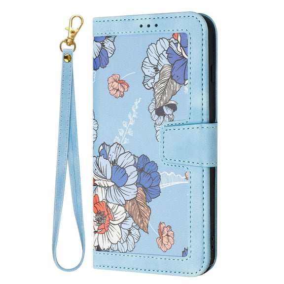 For Samsung Galaxy S25 5G Floral Pattern Leather Phone Case with Lanyard(Light Blue)