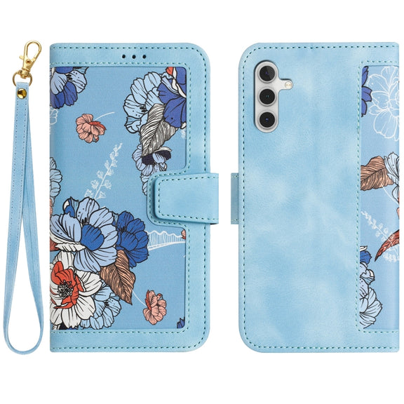 For Samsung Galaxy S25 5G Floral Pattern Leather Phone Case with Lanyard(Light Blue)