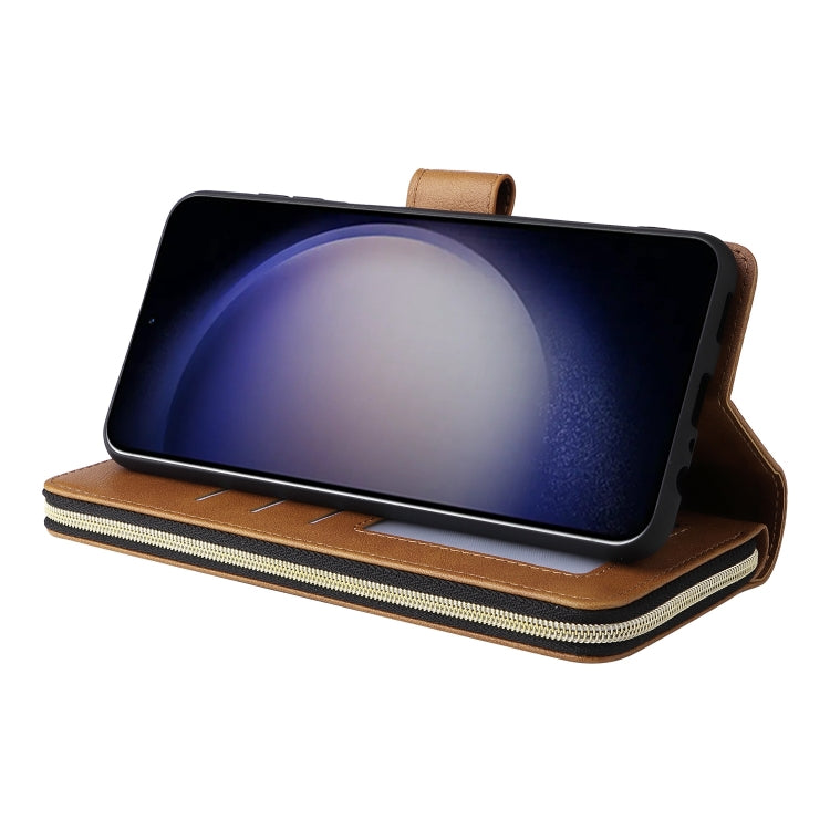 For Samsung Galaxy S25 5G 9-Card Slots Zipper Wallet Bag Leather Phone Case(Brown)