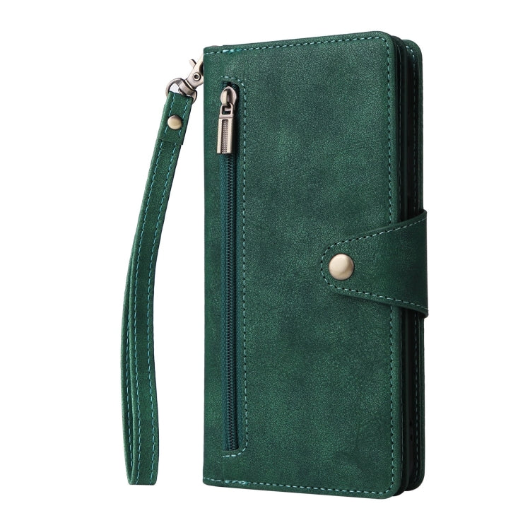 For Samsung Galaxy S25 5G Rivet Buckle 9 Cards Three Fold Leather Phone Case(Green)
