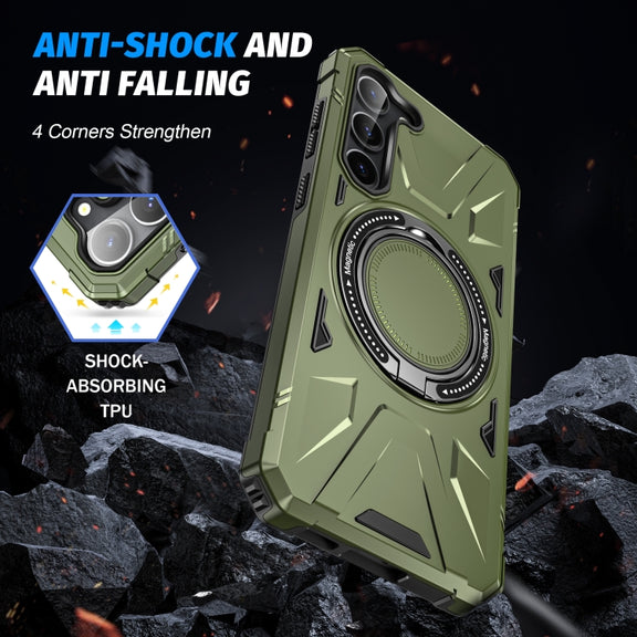 For Samsung Galaxy S25 5G MagSafe Magnetic Shockproof Phone Case with Ring Holder(Dark Green)