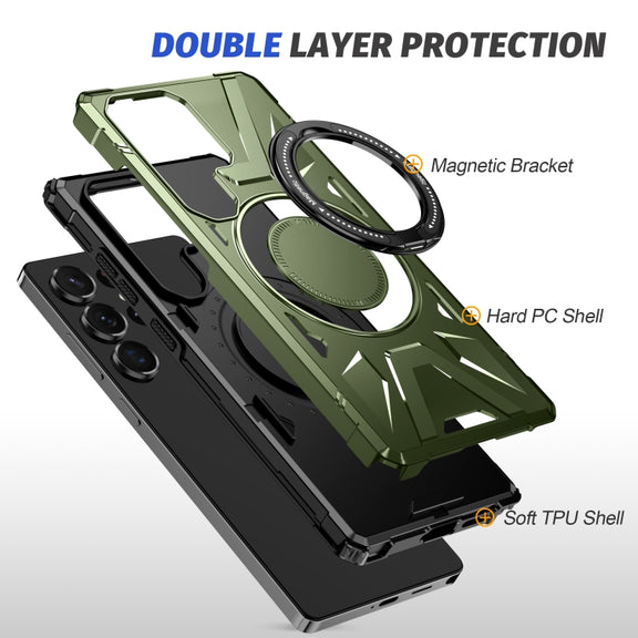 For Samsung Galaxy S25 Ultra 5G MagSafe Magnetic Shockproof Phone Case with Ring Holder(Dark Green)