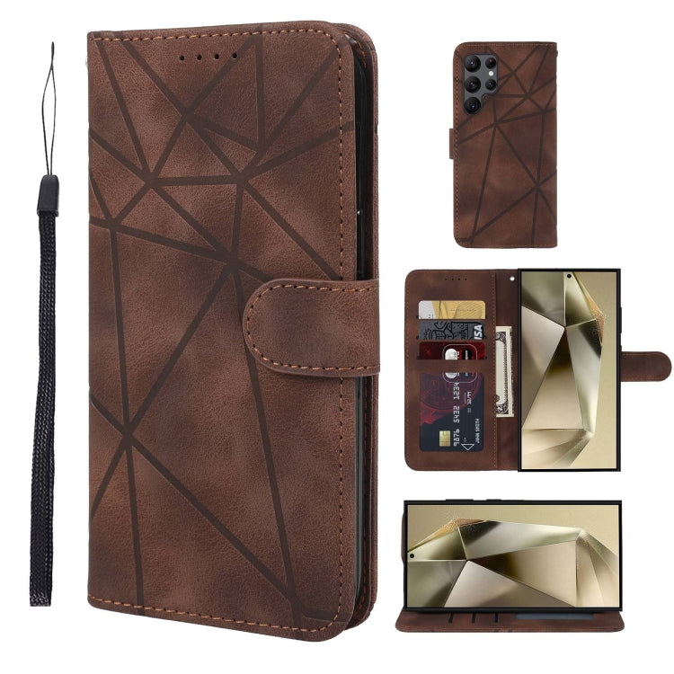 For Samsung Galaxy S25 Ultra 5G Skin Feel Geometric Lines Leather Phone Case(Brown)