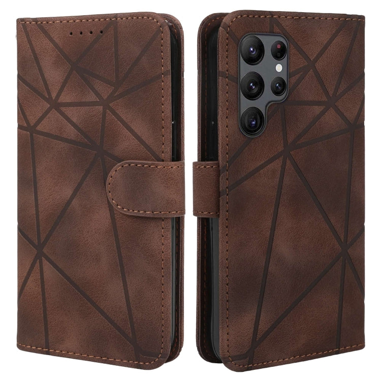 For Samsung Galaxy S25 Ultra 5G Skin Feel Geometric Lines Leather Phone Case(Brown)