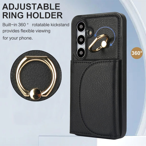For Samsung Galaxy S25 5G Ring Holder Card Bag Skin Feel Phone Case(Black)