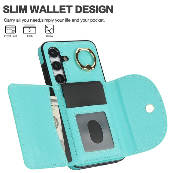 For Samsung Galaxy S25+ 5G Ring Holder Card Bag Skin Feel Phone Case(Green)