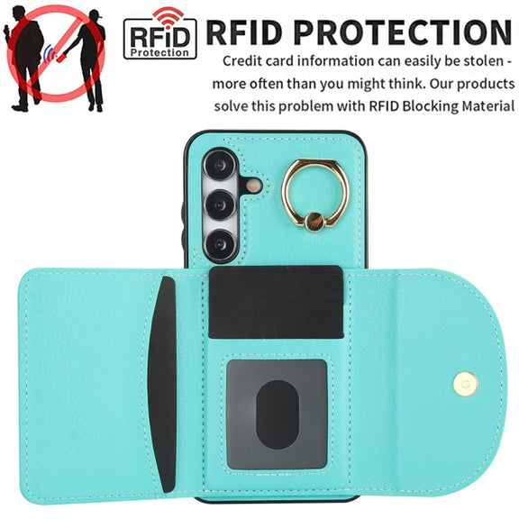 For Samsung Galaxy S25+ 5G Ring Holder Card Bag Skin Feel Phone Case(Green)