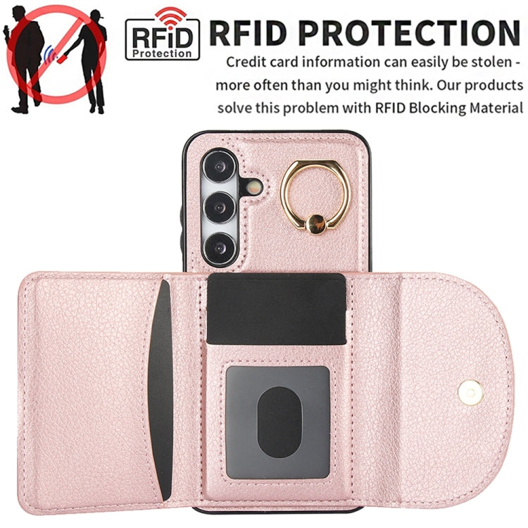 For Samsung Galaxy S25+ 5G Ring Holder Card Bag Skin Feel Phone Case(Rose Gold)
