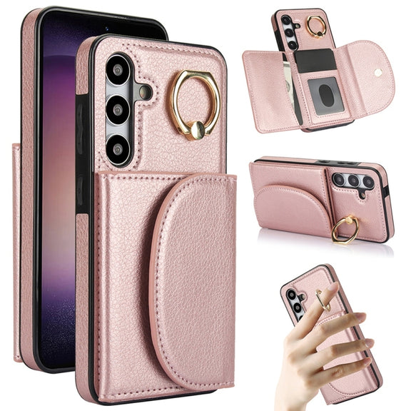 For Samsung Galaxy S25+ 5G Ring Holder Card Bag Skin Feel Phone Case(Rose Gold)