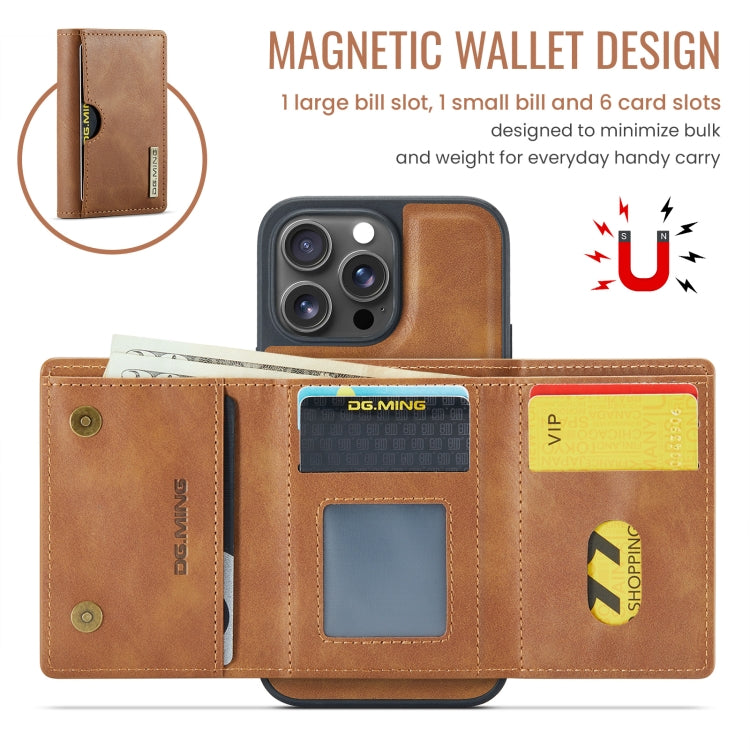 For iPhone 16 Pro Max DG.MING M6 Series RFID Tri-fold Card Bag Removable Leather Phone Case(Brown)
