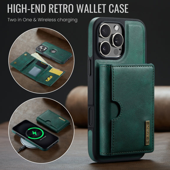 For iPhone 16 Pro Max DG.MING M6 Series RFID Tri-fold Card Bag Removable Leather Phone Case(Green)