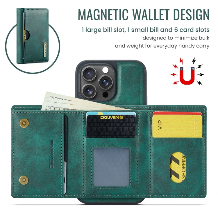 For iPhone 16 Pro Max DG.MING M6 Series RFID Tri-fold Card Bag Removable Leather Phone Case(Green)