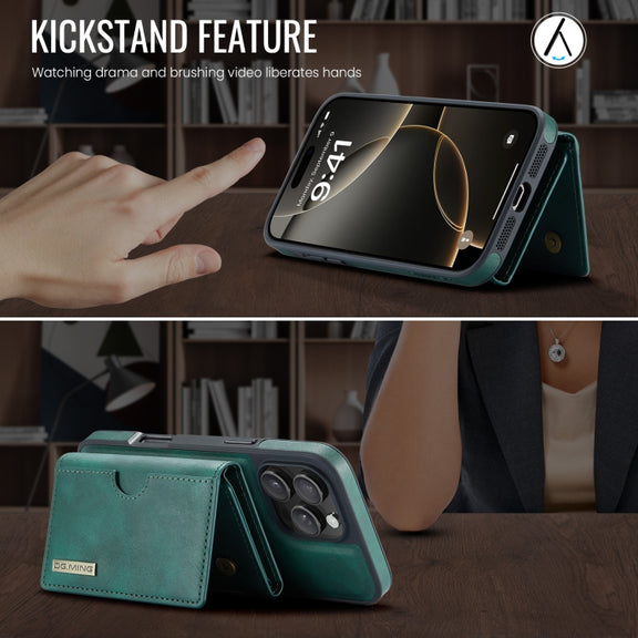 For iPhone 16 Pro Max DG.MING M6 Series RFID Tri-fold Card Bag Removable Leather Phone Case(Green)