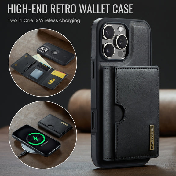 For iPhone 16 Pro DG.MING M6 Series RFID Tri-fold Card Bag Removable Leather Phone Case(Black)
