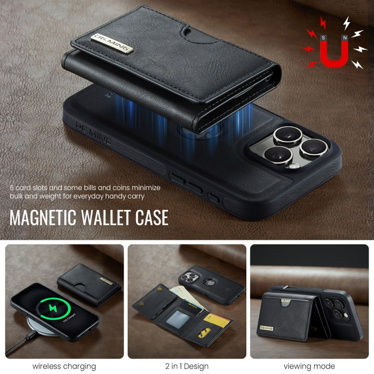 For iPhone 16 Pro DG.MING M6 Series RFID Tri-fold Card Bag Removable Leather Phone Case(Black)