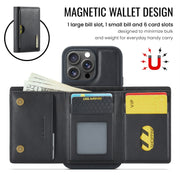 For iPhone 16 Pro DG.MING M6 Series RFID Tri-fold Card Bag Removable Leather Phone Case(Black)