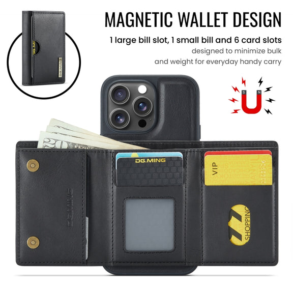 For iPhone 16 Pro DG.MING M6 Series RFID Tri-fold Card Bag Removable Leather Phone Case(Black)