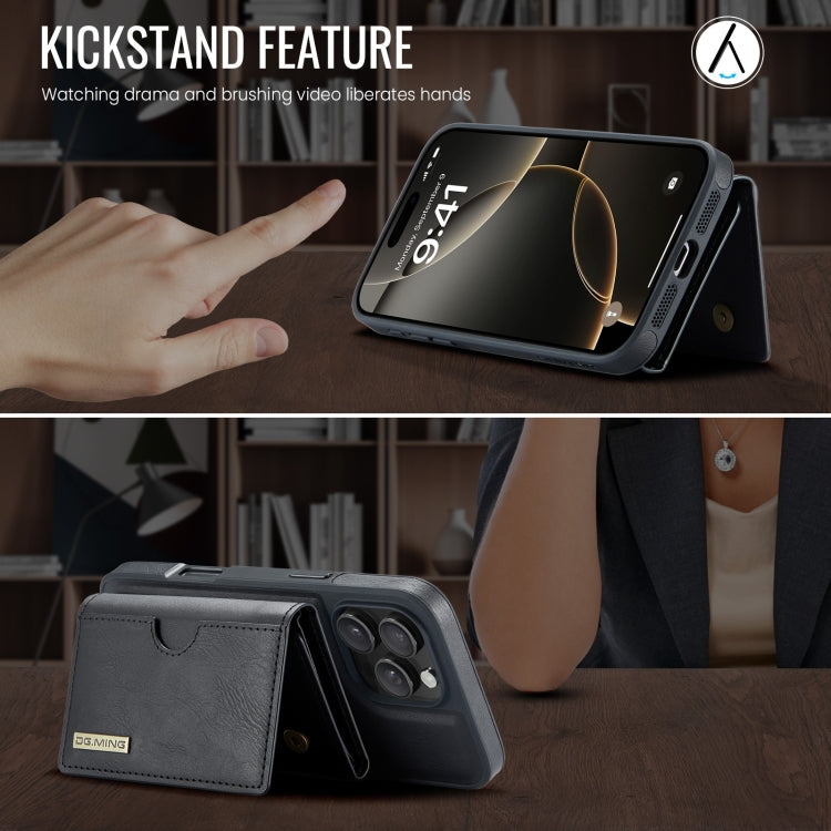 For iPhone 16 Pro DG.MING M6 Series RFID Tri-fold Card Bag Removable Leather Phone Case(Black)