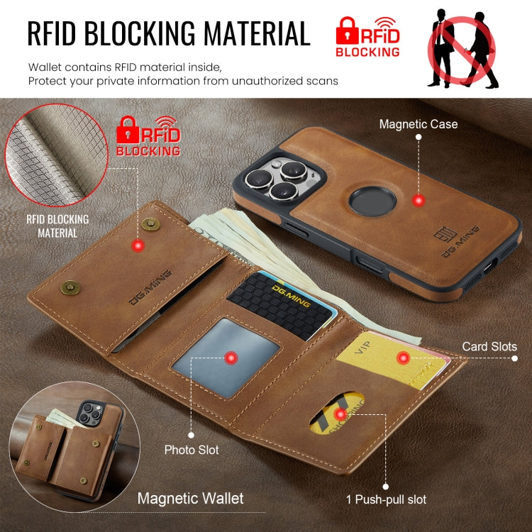 For iPhone 16 Pro DG.MING M6 Series RFID Tri-fold Card Bag Removable Leather Phone Case(Brown)