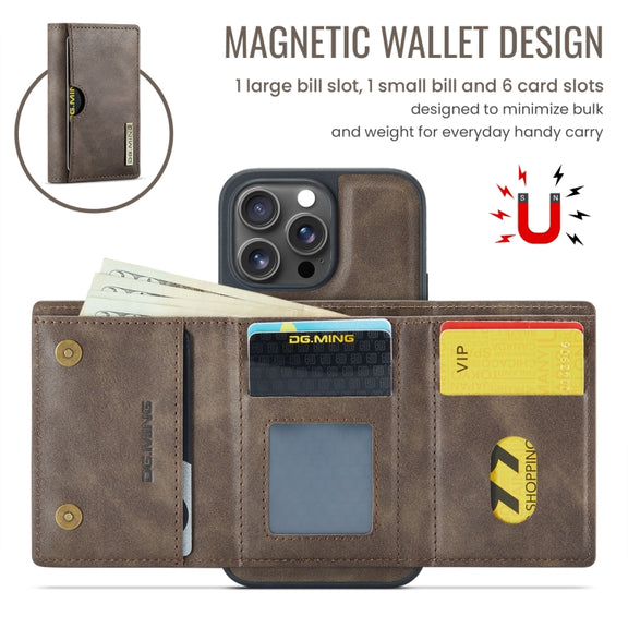 For iPhone 16 Pro DG.MING M6 Series RFID Tri-fold Card Bag Removable Leather Phone Case(Coffee)