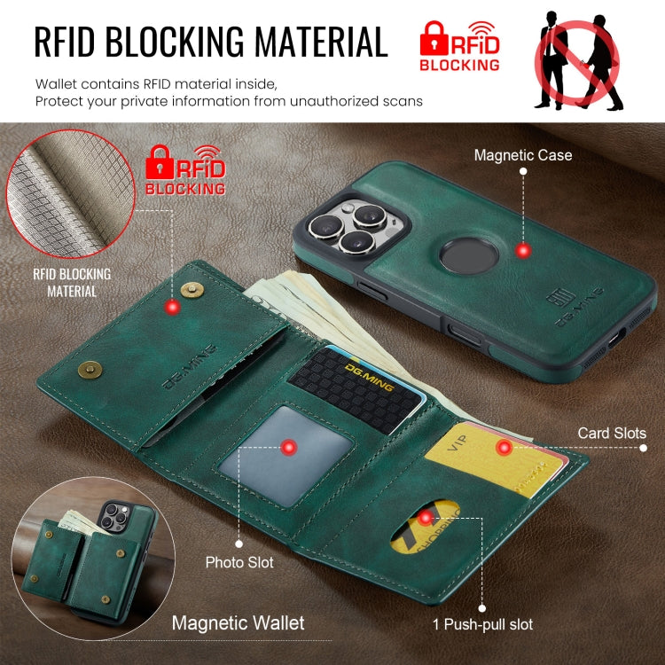 For iPhone 16 Pro DG.MING M6 Series RFID Tri-fold Card Bag Removable Leather Phone Case(Green)