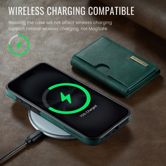 For iPhone 16 Pro DG.MING M6 Series RFID Tri-fold Card Bag Removable Leather Phone Case(Green)