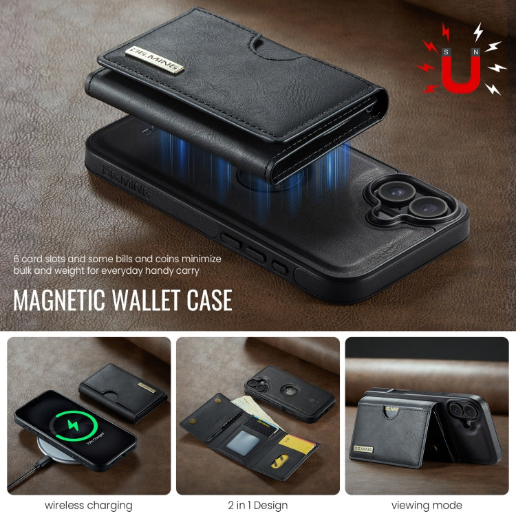 For iPhone 16 Plus DG.MING M6 Series RFID Tri-fold Card Bag Removable Leather Phone Case(Black)