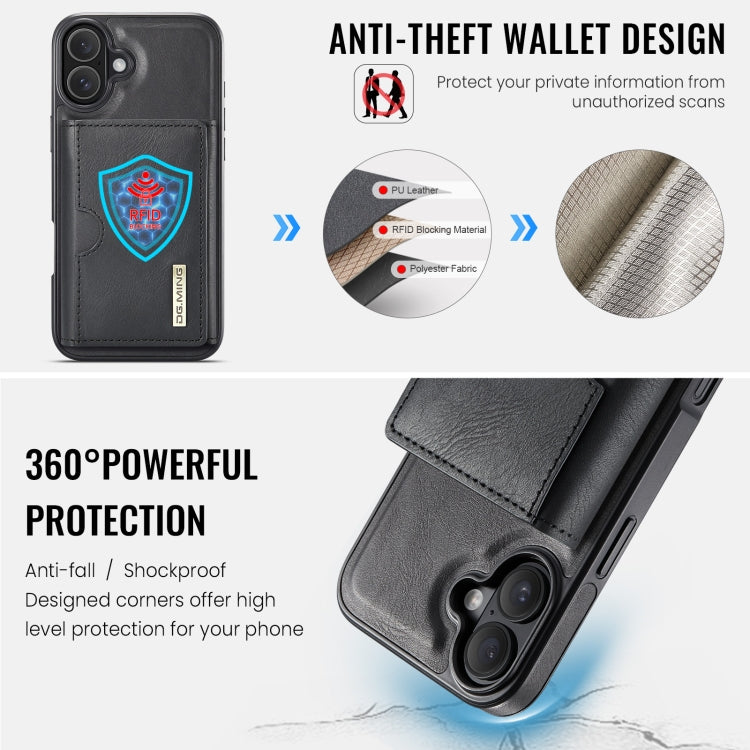 For iPhone 16 Plus DG.MING M6 Series RFID Tri-fold Card Bag Removable Leather Phone Case(Black)