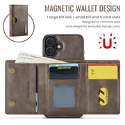 For iPhone 16 Plus DG.MING M6 Series RFID Tri-fold Card Bag Removable Leather Phone Case(Coffee)