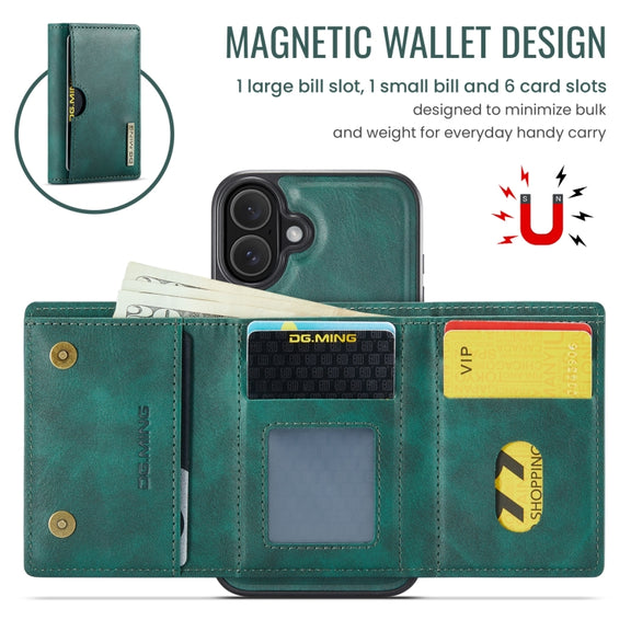 For iPhone 16 Plus DG.MING M6 Series RFID Tri-fold Card Bag Removable Leather Phone Case(Green)
