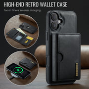 For iPhone 16 DG.MING M6 Series RFID Tri-fold Card Bag Removable Leather Phone Case(Black)