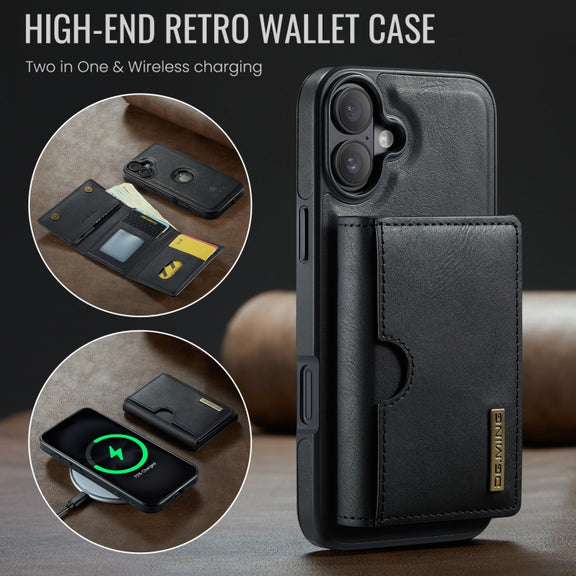 For iPhone 16 DG.MING M6 Series RFID Tri-fold Card Bag Removable Leather Phone Case(Black)