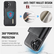 For iPhone 16 DG.MING M6 Series RFID Tri-fold Card Bag Removable Leather Phone Case(Black)