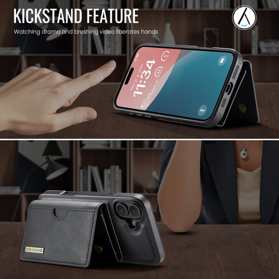 For iPhone 16 DG.MING M6 Series RFID Tri-fold Card Bag Removable Leather Phone Case(Black)