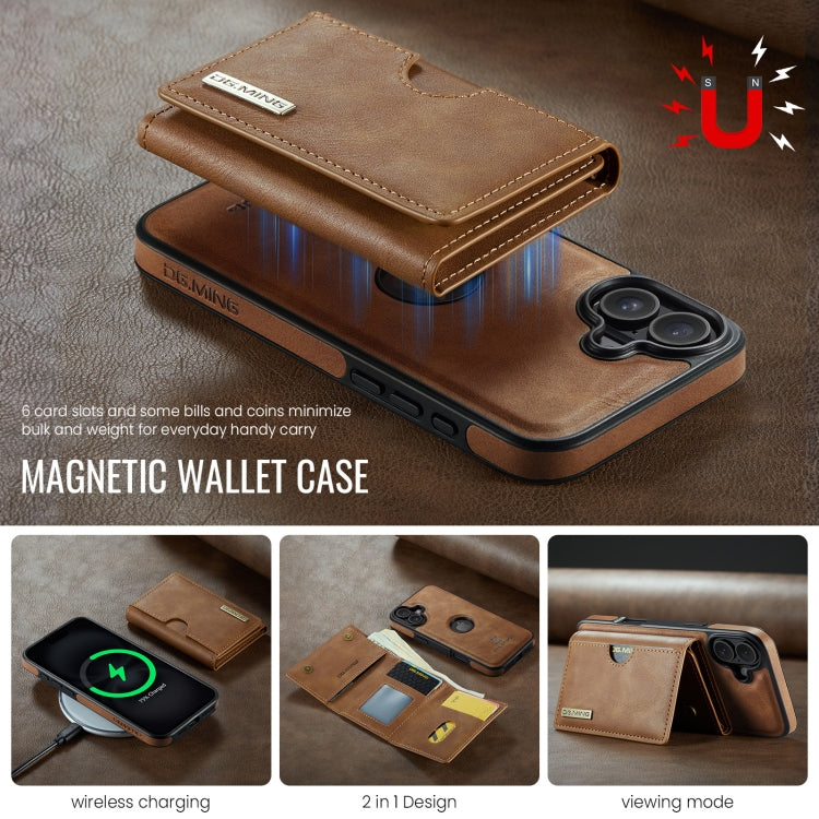 For iPhone 16 DG.MING M6 Series RFID Tri-fold Card Bag Removable Leather Phone Case(Brown)