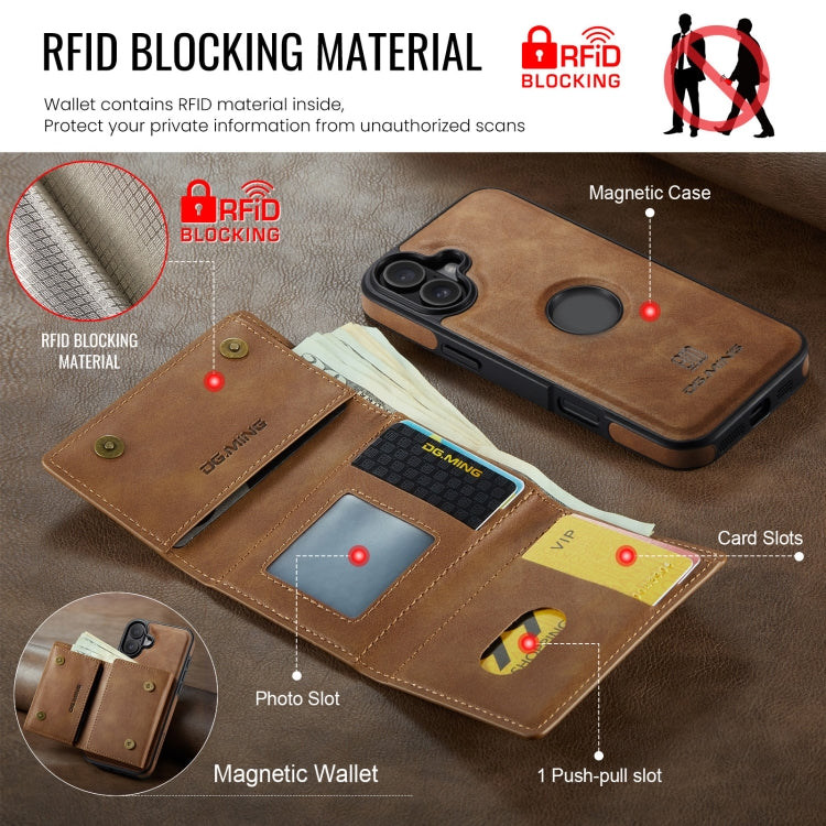 For iPhone 16 DG.MING M6 Series RFID Tri-fold Card Bag Removable Leather Phone Case(Brown)