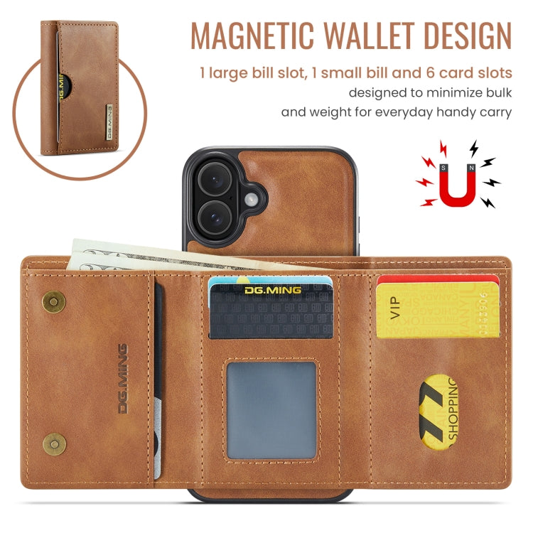 For iPhone 16 DG.MING M6 Series RFID Tri-fold Card Bag Removable Leather Phone Case(Brown)