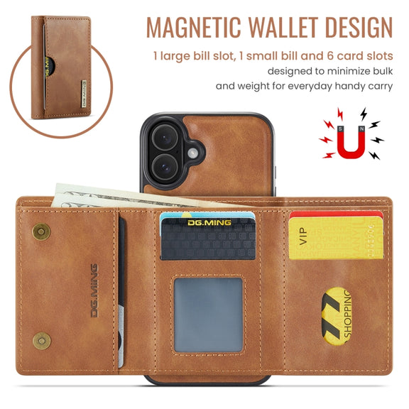 For iPhone 16 DG.MING M6 Series RFID Tri-fold Card Bag Removable Leather Phone Case(Brown)