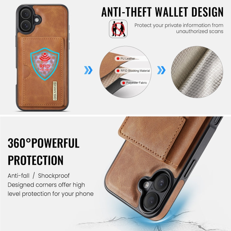 For iPhone 16 DG.MING M6 Series RFID Tri-fold Card Bag Removable Leather Phone Case(Brown)
