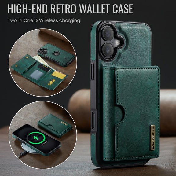 For iPhone 16 DG.MING M6 Series RFID Tri-fold Card Bag Removable Leather Phone Case(Green)